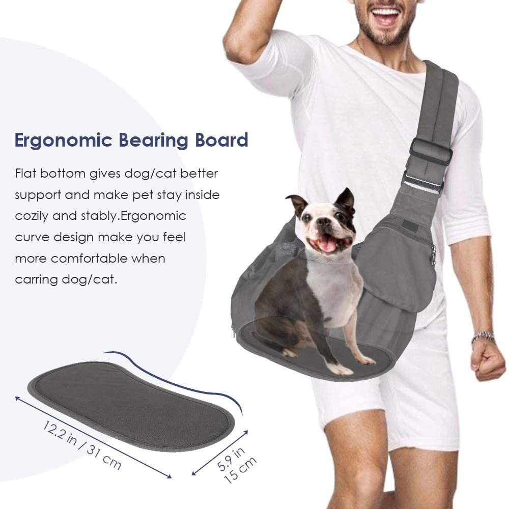 Pet Sling Carrier, Comfortable Hard Bottom Support Small Dog Papoose Sling Adjustable Padded Shoulder Strap Hand Free Puppy Cat Carry Bag